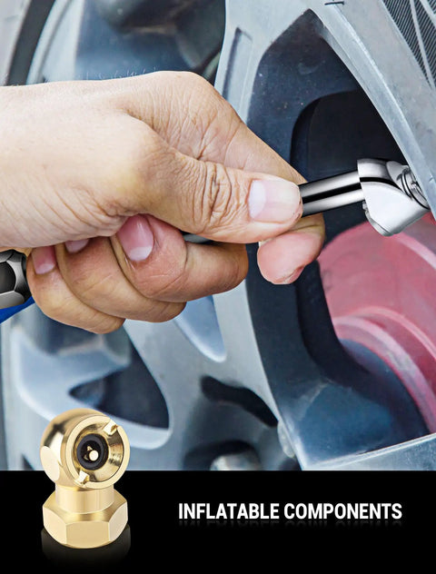 Close-up of tire chuck use from 20 Piece Must Have Air Tool Kit For Air Compressors With One Quarter Inch NPT Quick Connects