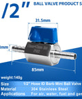 Two Pack 1/2 Inch Hose ID Barb Mini Ball Valve Kit With Stainless Steel Body And Clamps For Water Oil Gas Systems Built Tough For DIYers And Pros Leak Proof And Corrosion Resistant shown with dimensions and blue handle