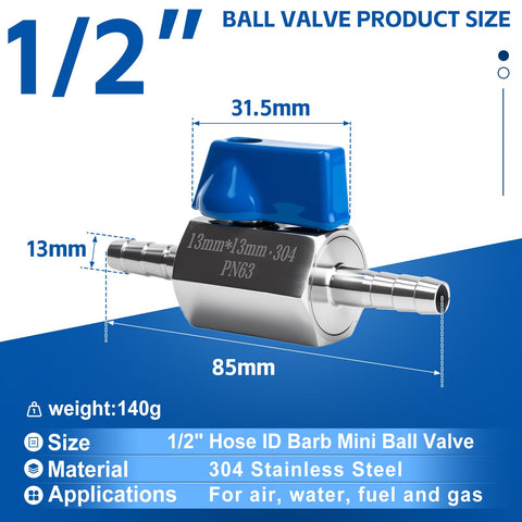 Two Pack 1/2 Inch Hose ID Barb Mini Ball Valve Kit With Stainless Steel Body And Clamps For Water Oil Gas Systems Built Tough For DIYers And Pros Leak Proof And Corrosion Resistant shown with dimensions and blue handle