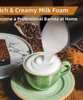 4 In 1 Electric Milk Frother And Steamer For Hot And Cold Foam 11 Oz Capacity pouring foam into green cup at home
