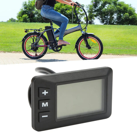 Real Time Battery Readout Electric Bike LCD Meter Panel for 36V Cycling with durable housing, shown mounted on a bike.