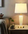 Gold Finish Table Lamp Set Of 2 With Night Lights And USB Ports, Modern Bedside Lamps For Living Room Or Bedroom, White Lampshade