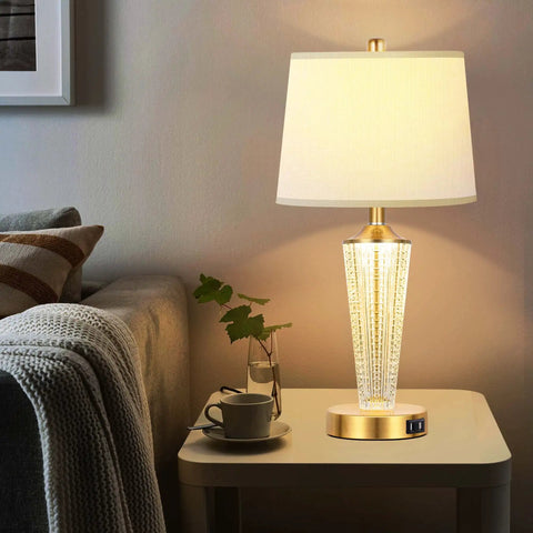 Gold Finish Table Lamp Set Of 2 With Night Lights And USB Ports, Modern Bedside Lamps For Living Room Or Bedroom, White Lampshade