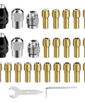 Drill Chuck Collet Set For Dremel Tools, 28 Piece Kit With 2 British 3 Jaw 4486 Chucks, collets, adapter, wrenches, and nuts