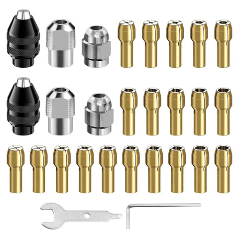 Drill Chuck Collet Set For Dremel Tools, 28 Piece Kit With 2 British 3 Jaw 4486 Chucks, collets, adapter, wrenches, and nuts