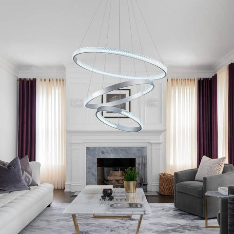 Lit Modern LED Ceiling Chandelier With Acrylic Crystal Pendant, Adjustable 3 Ring Design For Living Room, Cool White 6000K Silver Finish