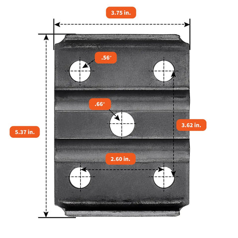 Tie plate from Trailer U Bolt Kit With Eight Seven Inch U Bolts For Five Thousand Two Hundred To Seven Thousand Pound Round Axles Three Inch Beam Half Inch Diameter With Two Inch Thread Pitch Includes Sixteen Half Inch Hex Nuts And Four Tie Plates Two Pack, showing hole dimensions.