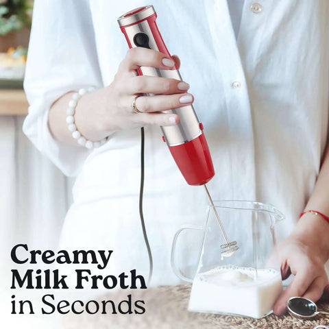 Heavy Duty 4 In 1 Immersion Blender With Whisk And Milk Frother 800W Hand Mixer 12 Speed Turbo blending milk froth in a glass jug