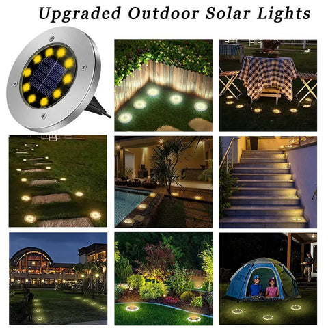 Outdoor Solar Ground Lights 12 Pack Waterproof Landscape Pathway Lighting For Yard Garden Lawn Patio Walkways Bright 8 LED Disk Lights For Easy Install And Enchanting Night Illumination Along Paths displayed on walkways and gardens.