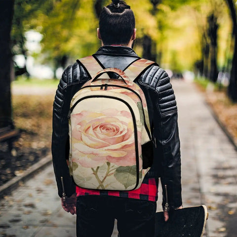 Man wearing Dope Botanical Rose Sprig Printed Unisex Backpack with Large Capacity in a park setting