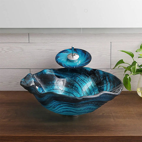 USZWBY Bathroom Vessel Sink, Countertop Sink Bowl Tempered Glass Vanity Sink Bowl On The Top Creativity Art Vessel Bowl Sink with Drain Combo and Mounting Ring,Only Glass Basin, blue patterned design.