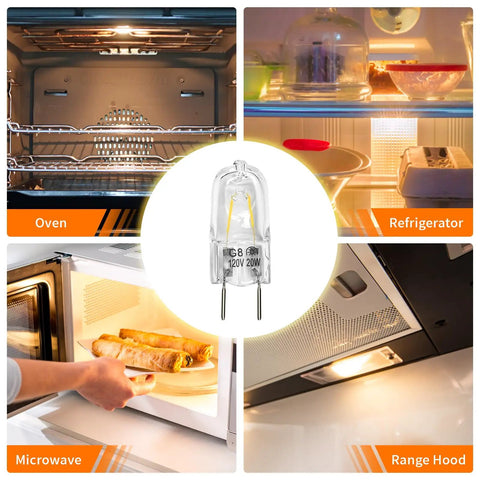 Collage showing Over The Range Microwave Light Bulbs 20W G8 BiPin Base in oven, fridge, and microwave settings