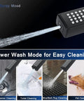 8 Inch Rain Shower Head With Handheld, High Pressure Stainless Steel in black mode shown cleaning various surfaces