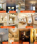 Various lighting fixtures including ceiling fan, chandelier, decorative bulbs, and vanity lights using Dimmable G16.5 LED Bulb 4W 2700K.