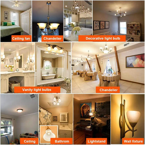 Various lighting fixtures including ceiling fan, chandelier, decorative bulbs, and vanity lights using Dimmable G16.5 LED Bulb 4W 2700K.