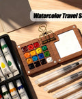 Mini Watercolor Travel Kit With Wooden Palette And Copper Clip Includes 24 Watercolors 6 Brushes And 2 Sketchbooks