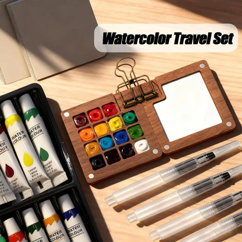 Mini Watercolor Travel Kit With Wooden Palette And Copper Clip Includes 24 Watercolors 6 Brushes And 2 Sketchbooks
