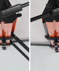 Fat Toad Column Dj Keyboard Stand Two Tier Mic Boom Adapter Sliding Tower For Digital Turntable close-up view of orange aluminum frame and support legs.