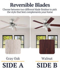 52 Inch Indoor Ceiling Fan With Light And LED, Tri Mount 5 Blade Modern Farmhouse Style Gray Oak and Walnut Finish Reversible Blades