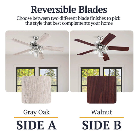 52 Inch Indoor Ceiling Fan With Light And LED, Tri Mount 5 Blade Modern Farmhouse Style Gray Oak and Walnut Finish Reversible Blades