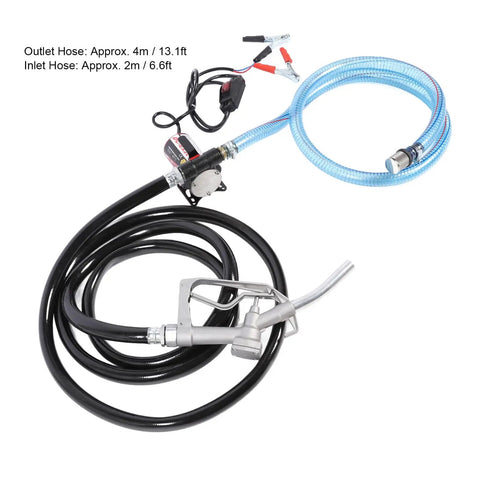 12V Self Priming Oil Transfer Pump With Switch For Gasoline And Kerosene Compact Electric Fuel Pump Delivers Up To 10 GPM 16 Feet Max Lift Heavy Duty Motor Protection And Metal Filter Ideal For Quick Fuel Transfers, with hoses and nozzle
