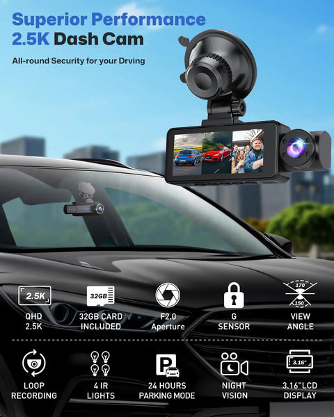 2.5K Front Inside And Rear Dash Cam For Cars With 32GB Card 3 Channel 1440P Night Vision Parking Mode on car windshield