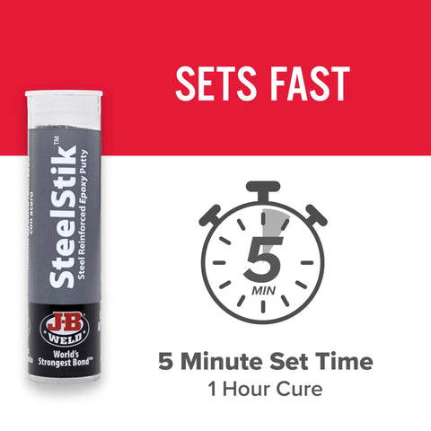 Heavy Duty Metal Repair Epoxy Putty Stick Steel Reinforced And Non Rusting Quick Fix For Metal Projects 2 Oz Hand Mixable Two Part Repair Putty NSF Certified And Safe For Potable Water shown with stopwatch icon for 5-minute set time