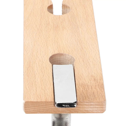 Close-up of Pro Grade Jewelry Workbench Pin Clamp Durable Wooden Tool for Artisan Jewelry Making, showing notch and iron clamp