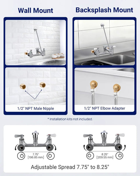 Heavy Duty Wall Mount Mop Sink Faucet With Vacuum Breaker Eight Inch Center Three Quarter Inch Hose Thread Installation Options Diagram