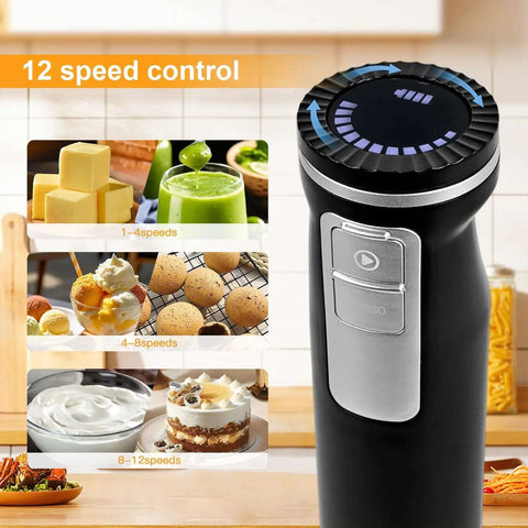 Electric Hand Mixer And Immersion Blender With Six Attachments Including Wire Whisk Milk Frother And Food Chopper Heavy Duty Handheld Kitchen Tool that displays 12 speed control features.