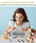 Woman using Three Piece Bracelet Helper Tool Set With Quick Release Hooks For Jewelry, Watches And Chains, Easy To Put On By Yourself.