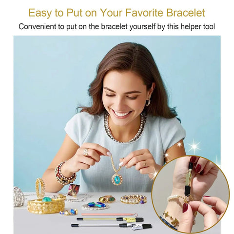 Woman using Three Piece Bracelet Helper Tool Set With Quick Release Hooks For Jewelry, Watches And Chains, Easy To Put On By Yourself.