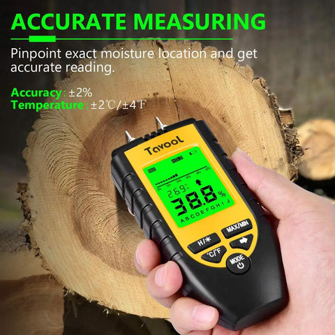 Person using Pin Type Wood Moisture Meter Digital Moisture Detector For Wood And Building Materials Quick Easy Read Dampness Tester For Firewood Walls Paper And Floors Yellow on log with backlit screen visible
