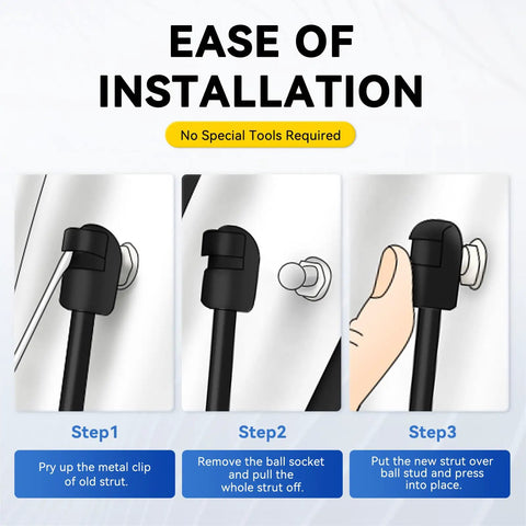 Ease of installation steps for Solid As A Rock Gas Strut Lift Supports 20 Inch Long 60 Pound Force Replacement Springs.
