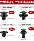 Detailed view of All In One 121 Piece Bumper And Fender Liner Clip Kit With Tool For Honda CRV Civic Accord Odyssey Pilot And Acura Models Easy Install With 120 Push Pin Clips In Four Sizes Plus Removal Tool showcasing 4 types of clips for Honda and Acura.
