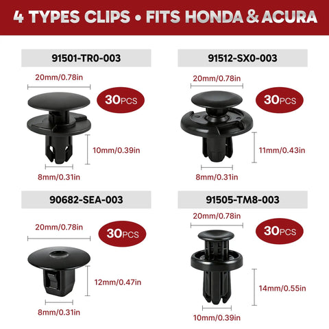 Detailed view of All In One 121 Piece Bumper And Fender Liner Clip Kit With Tool For Honda CRV Civic Accord Odyssey Pilot And Acura Models Easy Install With 120 Push Pin Clips In Four Sizes Plus Removal Tool showcasing 4 types of clips for Honda and Acura.