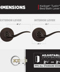 Interior Privacy Door Lever With Lock For Bedroom Or Bath, Venetian Bronze, lever dimensions and adjustable latch details