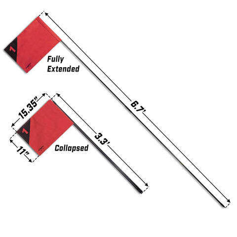 Three Pack Golf Flags For Backyard Practice And On The Go Chipping Drills, Portable Foldable Flagsticks shown in full and collapsed sizes.