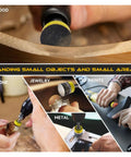 Super Fast 188 Piece Hook and Loop Sanding Discs Set With Grit From 60 To 10000 For Wet Or Dry Use On Auto Wood And Metal Plus Vent Holes That Keep Dust Down, showcasing sanding discs on wood, stone, jewelry, metal, and 3D prints.