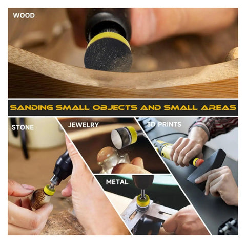 Super Fast 188 Piece Hook and Loop Sanding Discs Set With Grit From 60 To 10000 For Wet Or Dry Use On Auto Wood And Metal Plus Vent Holes That Keep Dust Down, showcasing sanding discs on wood, stone, jewelry, metal, and 3D prints.