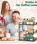 Coffee Mug Organizer Rack For Countertop, 2 Tier Mug Stand With 12 Hooks in kitchen setting, next to coffee and pastries.