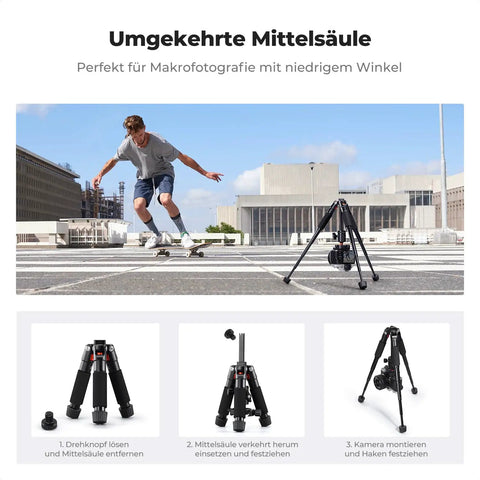 Compact Desk Tripod With Ball Head For DSLR And Phone Travel Ready Aluminum Mini Tripod in city with skateboarder, supports camera.