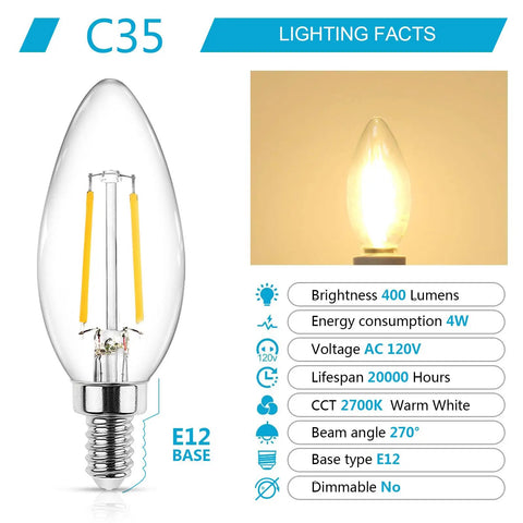 LED E12 Candelabra Bulbs 4W 2700K Warm White Bright Filament Clear Glass Non Dimmable 40W Equivalent Long Lasting Up To 20,000 Hours Energy Saving Pack Of 5 displayed with lighting facts and glowing bulb