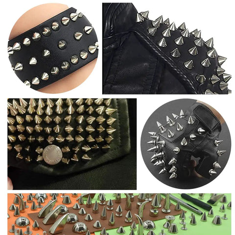 Rock Your Edge With This Kickass 150 Piece Punk Spike Rivet Kit Featuring Silver Zinc Alloy Cone Studs on leather gear.