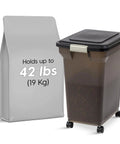 WeatherPro Airtight Pet Food Storage Container with wheels beside 42 lbs bag, translucent body, made in USA, durable for pets