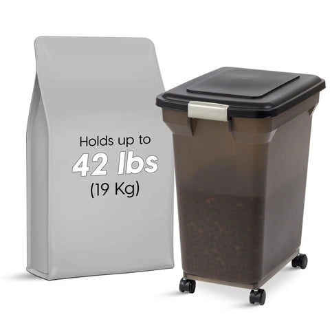 WeatherPro Airtight Pet Food Storage Container with wheels beside 42 lbs bag, translucent body, made in USA, durable for pets