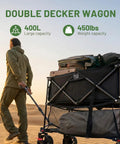 Person pulling Heavy Duty Folding Double Decker Wagon With Brakes, Extra Long 54 Inch Lower Shelf, 450 Lb Total Capacity, in desert