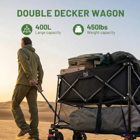 Person pulling Heavy Duty Folding Double Decker Wagon With Brakes, Extra Long 54 Inch Lower Shelf, 450 Lb Total Capacity, in desert
