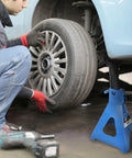 Blue 6-ton steel automotive jack stands (pair), side view with adjustable 14.6–24 in height for garage use.