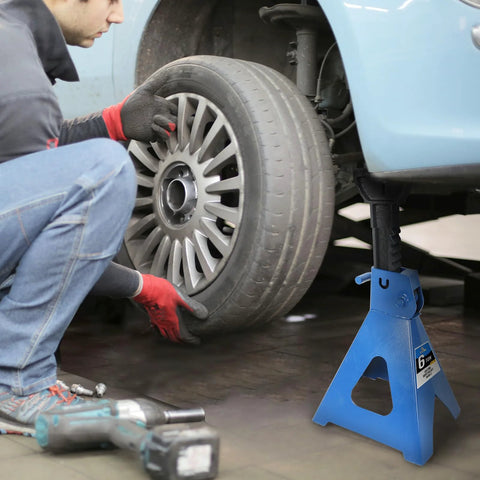 Blue 6-ton steel automotive jack stands (pair), side view with adjustable 14.6–24 in height for garage use.